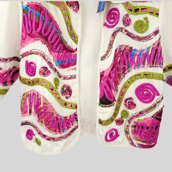 Bleu Bayou Open Front Jacket Size 1X Artsy Colorful 3/4 Sleeve Ribbon Applique - Picture 14 of 16